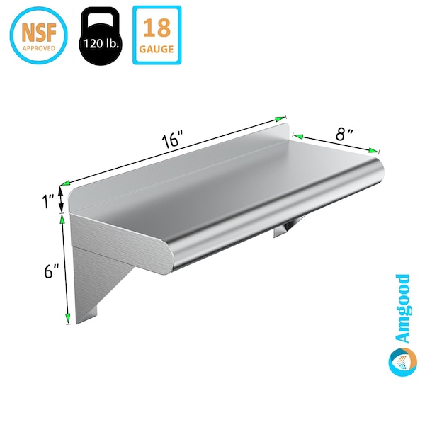 Stainless Steel Wall Shelf, 16 Long X 8 Deep